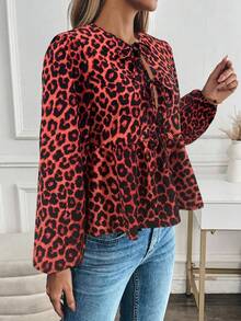 SHEIN LUNE 豹纹领口灯笼袖荷叶边衬衫荷叶边上衣 - 彩色 - 查看 3