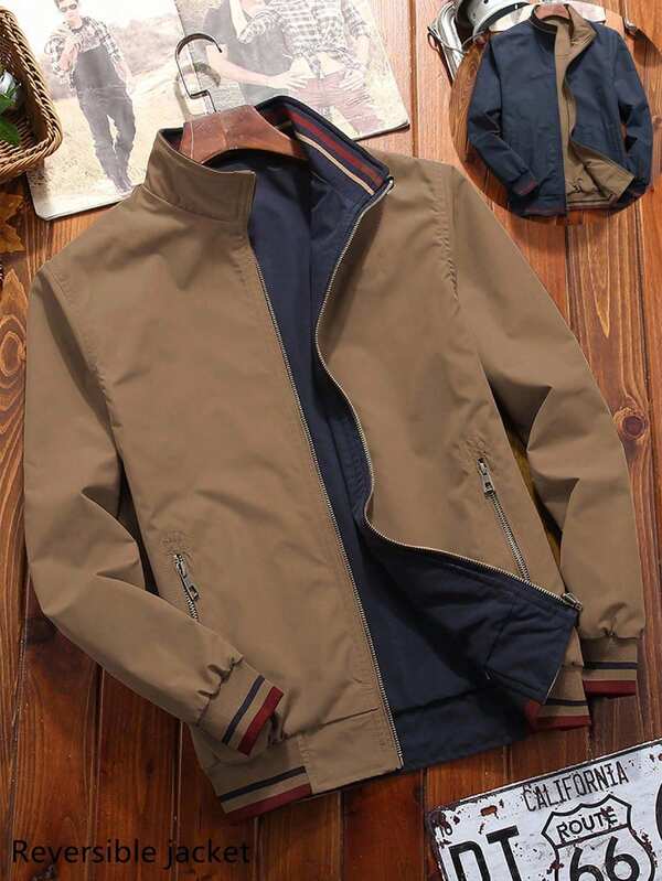 Manfinity Homme Chaqueta reversible de manga larga con cuello alto y cremallera, de corte regular, en tallas grandes, en color caqui y azul marino. Chaqueta bomber de hombre en color moca. Chaqueta casual reversible, chaqueta bomber para hombre, ropa exterior