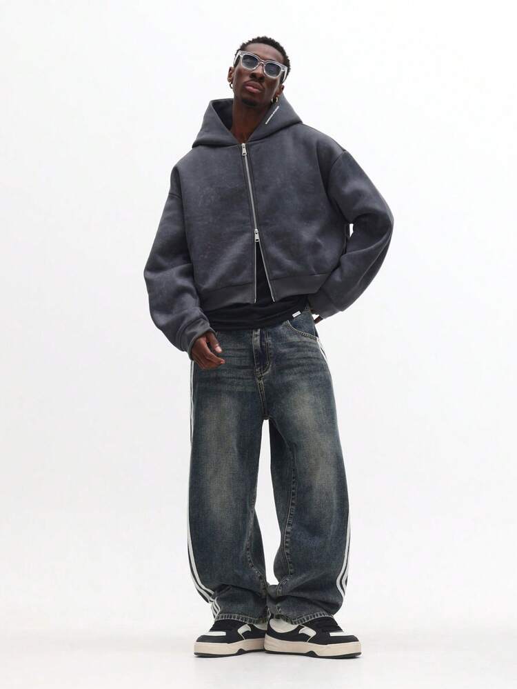 Washed Effect Full Zip Hoodie With Drawstring And Centre Pocket