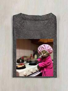 Lunelith SHEIN Lunessa Modisches und Lustiges Kurzarm T-Shirt mit Rundhalsausschnitt und bedrucktem Katzenmuster für Frauen