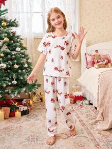 Tween Girl Santa Claus Print Casual Pajama Set, Christmas - White - View 3