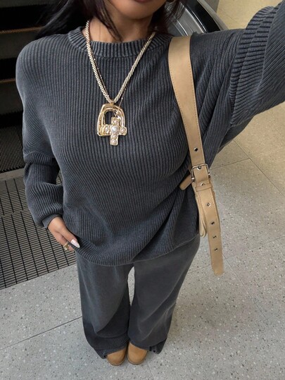 Muchica Women's Minimalist Solid Color Textured Knit Loose Pullover Sweater Autumn Winter Clothes For Women