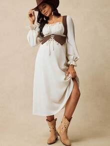 Boho Mama Maternity Frill Hem 2 In 1 Long Sleeve Waist Drawstring Western Style Dress Maternity Photoshoot Dress Pregnancy Dress Beige Maternity Dress Boho Maternity Dress Maternity Dresses Baby Shower - Multicolor - View 6