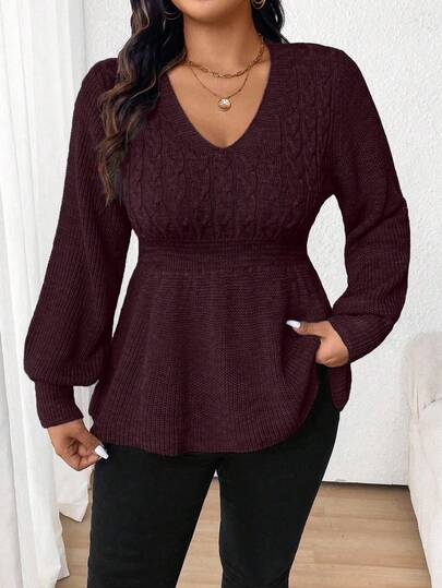 SHEIN LUNE Plus Size Solid Color V-Neck Casual Pullover Long Sleeve Sweater
