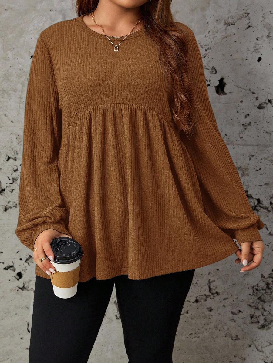 SHEIN LUNE Plus Size Casual Solid Color Ribbed Loose Long Sleeve Shirt, Autumn Brown Blouse Knit T Coffee Top Rust Fall - Mocha Brown - View 1