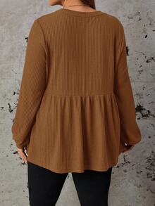 SHEIN LUNE Plus Size Casual Solid Color Ribbed Loose Long Sleeve Shirt, Autumn Brown Blouse Knit T Coffee Top Rust Fall - Mocha Brown - View 2