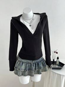 Elamini Áo nỉ cổ chữ V sâu, kiểu dáng giản dị và đa năng, phù hợp cho mùa xuân, thu và đông. - màu đen - Xem 6