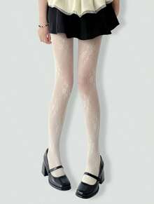 ROMWE Kawaii 白色碎花高弹力网眼连裤袜 - 深奶白色 - 查看 3