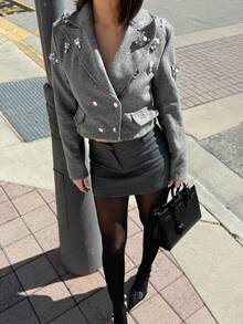 Siren Gaze New Women's Fashion Commuter 3D Floral Decor Sequin Blazer,Gray Tweed Suit, Suitable For Commuting,Winter Jacket