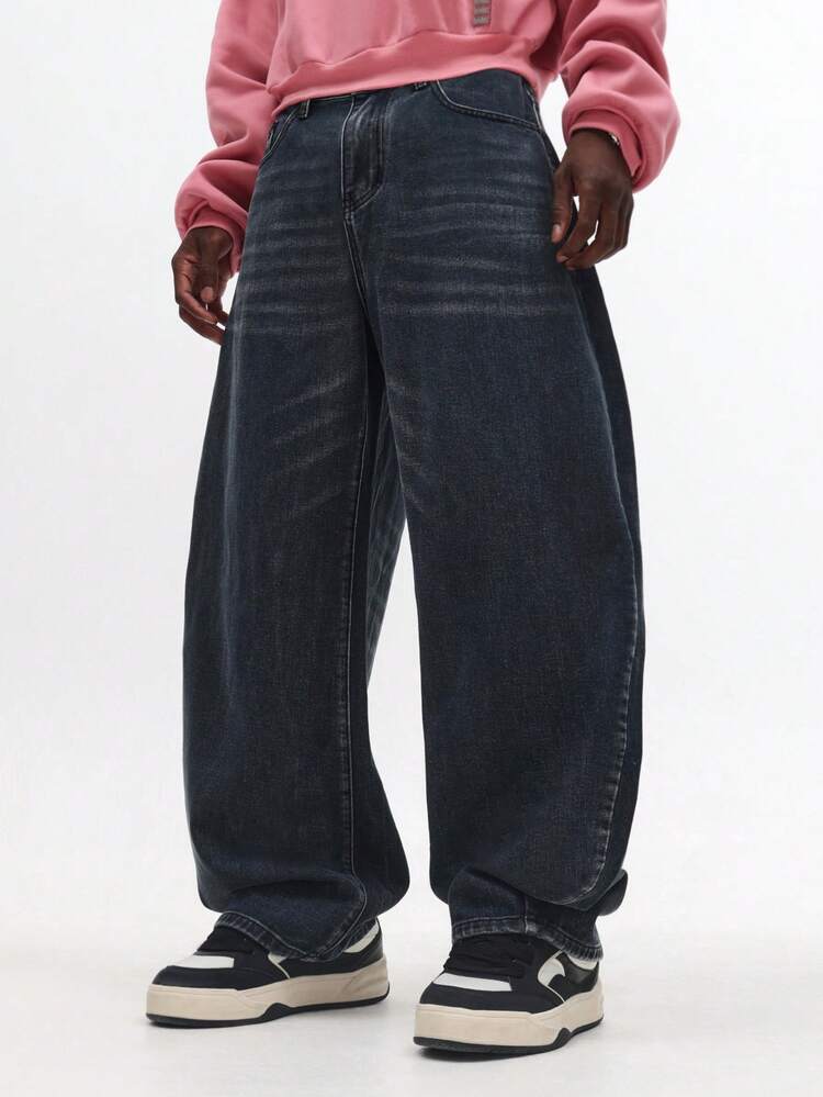 Wide Leg Vintage Washed Denim Jeans With Straight Cut