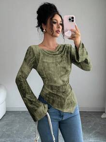 Elenzga Femmes Chemise Vintage Style Gothique à Manches Évasées, Col Drapé, Taille Resserrée par Cordon, Ourlet Asymétrique, Convient pour les Sorties, le Port Quotidien, Halloween, Automne - Multicolore - Voir 6