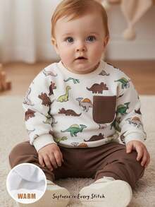 Cozy Pixies 2 件套男婴卡通恐龙图案针织柔软圆领长袖套头衫和松紧腰及踝长裤套装 - 棕色 - 查看 1