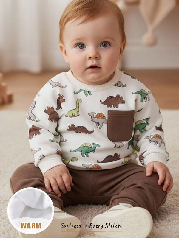 Cozy Pixies 2pcs Baby Boy Cartoon Dinosaur Pattern Knit Soft Crew Neck Long Sleeve Pullover Sweatshirt And Elastic Waist Ankle Length Pants Set Fall Winter