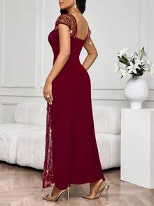 SHEIN Lady 2025 New Party Banquet Contrast Sequin Mesh Lace Trim Fitted Burgundy Dress Birthday&Event Dresses /Office Dresses /Church Dresses/Wedding Dresses /Holiday Dresses /Elegant Dress/ Party Dress/Wedding Guest Dress Women - Burgundy - View 2