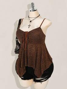 SHEIN ICON Plus Size Chest Drawstring Tie Bowknot Camisole, Asymmetrical Hem, Y2K Style, Suitable For Summer, Summer Vacation, Graduation & Back To School Season - Brown - View 3