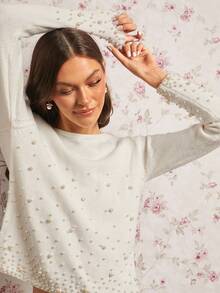 Enchnt Fall/Winter Romantic Women's Apricot  Faux Pearl Decor Round Neck Long Sleeve Fashionable Knit Sweater,Sweet&Elegant&Fashionable ForVacation&Date&Holiday&Birthday&Party&Graduation&Wedding Guest&Office&Going Out,Back To School,Fall Sweaters For Women,Autumn Clothes - Apricot - View 6