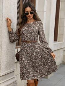 EMERY ROSE Rochie tip babydoll casual pentru femei, cu imprimeu floral și guler rotund, mânecă lungă - Maro - Vizualizare 3