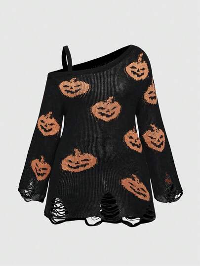 Goth Plus Size Gothic Halloween Pumpkin Graphic Asymmetric Distressed Hem Sleeveless Sweater, Plus Size Halloween Holiday Women Long Sleeve Oblique Shoulder Sweater Top, Halloween Party Outfit, Plus Size Casual Halloween Party Holiday Clothing