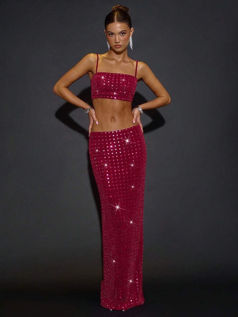 SHEIN BAE Burgunderroter Strass-Kristall glänzender eng anliegender Rock für Frauen, geeignet für Party, Nachtclub, Cocktailparty, Bankett, Nachtausflug, Tanz, Date, Herbst/Winter Layering, Weihnachten Damen, Party, Pailletten Rock, roter Rock