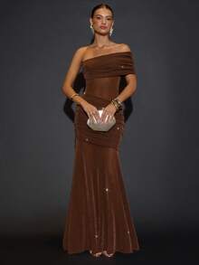 SHEIN BAE 棕色闪亮不对称露肩透明长裙优雅女士长裙、节日礼服、婚礼宾客礼服、生日礼服、棕色礼服、派对礼服、圣诞礼服 - 棕色 - 查看 3