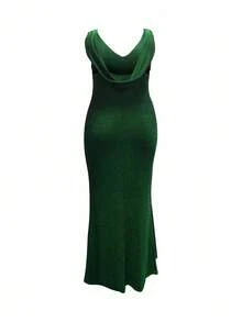 INAWLY Plus Size Women's Bodycon Dress, Deep V-Neck, Sleeveless, High Slit, Stretchy Shiny Fabric, Elegant For Party, Olive Green - Dark Green - View 2