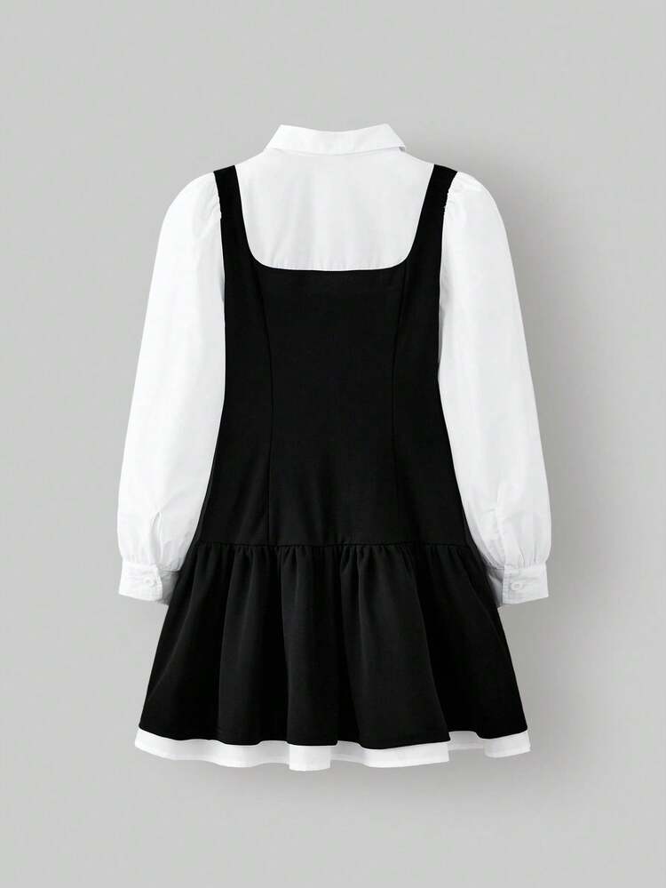 Tween Girls' Contrast Color Collared 2 In 1 Long Sleeve Casual Dress Fall Winter