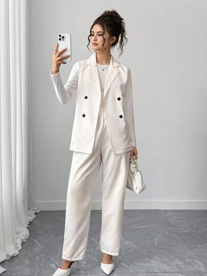 3件套青少年女孩休闲日常通勤简约修身开衫背心和裤子套装，秋冬