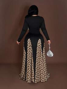 Maweii 大码女士性感拼接撞色长袖连衣裙，饰有各式打结设计，喇叭下摆，黑色，适合夏季度假 - 彩色 - 查看 5