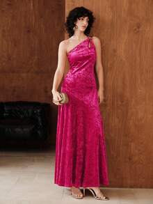 Uhlyne Uhlyne Women's Minimalist Velvet Metal Accessory Dress, Suitable For Wedding Guest, Birthday Party, Holiday, Christmas - Hot Pink - View 5