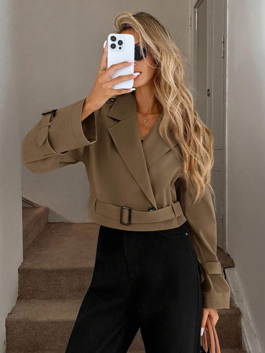 Easowa 双排扣收腰短款风衣，休闲优雅女式风衣棕色衬衫棕色西装外套女士卡其色上衣卡其色女装咖啡棕色上衣秋冬女装 - 駝色 - 查看 1