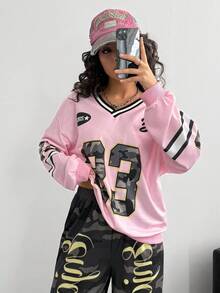 Bộ áo nỉ cổ chữ V cỡ lớn in họa tiết rằn ri và quần ống rộng cho bé gái tuổi teen, phong cách Y2K, trang phục thường ngày dạo phố, phù hợp cho mùa xuân và mùa thu - Hồng - Xem 3