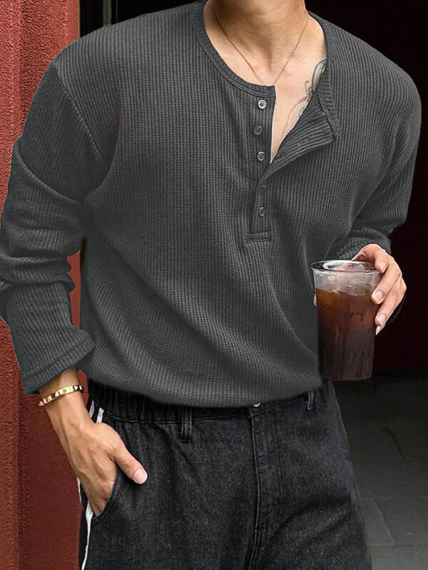 DAZY Men's Textured Fabric Basic Half-Zip T-Shirt In Deep Floral Gray Business Attire