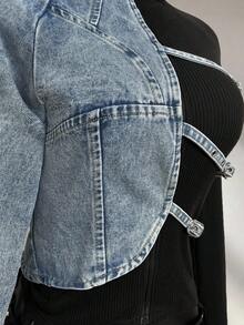 Elamini Sexy Distressed Hollow-Out Denim Jacket Y2K - Light Wash - View 5