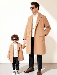 SHEIN 秋冬纯色休闲宽松长袖口袋青年男童大衣 - 棕色 - 查看 1