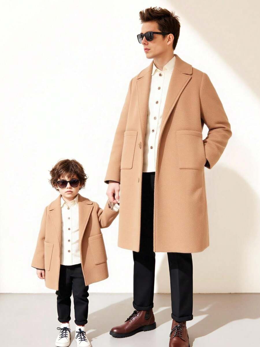 SHEIN 秋冬纯色休闲宽松长袖口袋青年男童大衣 - 棕色 - 查看 1