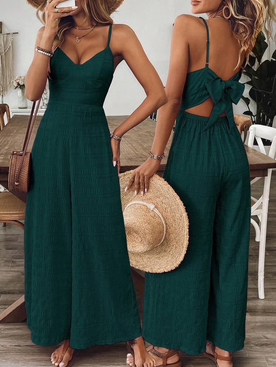 Breezaya Women's V-Neck Backless Bowknot Romper, Rose Red, Spring/Summer Resort - Dark Green - View 1