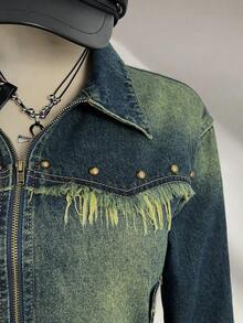 Elamini 女式破洞牛仔短夹克，街头风格，秋季 - 藍色 - 查看 5