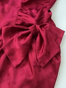 Elamini 1pc Vintage Butterfly Print Shiny Camisole Dress With Ruffle Hem, Fitted Silhouette, Suitable For Christmas Party, Red