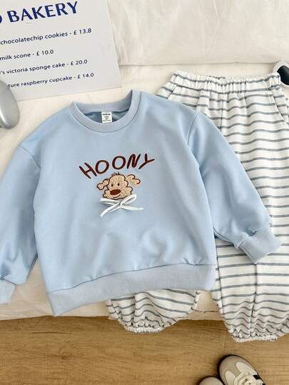  Genkimix Kids 2 件套幼儿女童休闲装，浅蓝色长袖运动衫，带有刺绣小狗图案和浅灰色条纹宽松裤，可爱舒适，适合秋季、冬季、春季，适合户外、学校和日常休闲穿着