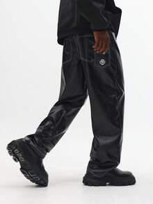 SUMWON Wide Leg Faux Leather Trousers With Contrast Stitch Design Versatile Urban Fashion Pants Modern Streetwear Statement Bottoms - Black - View 1