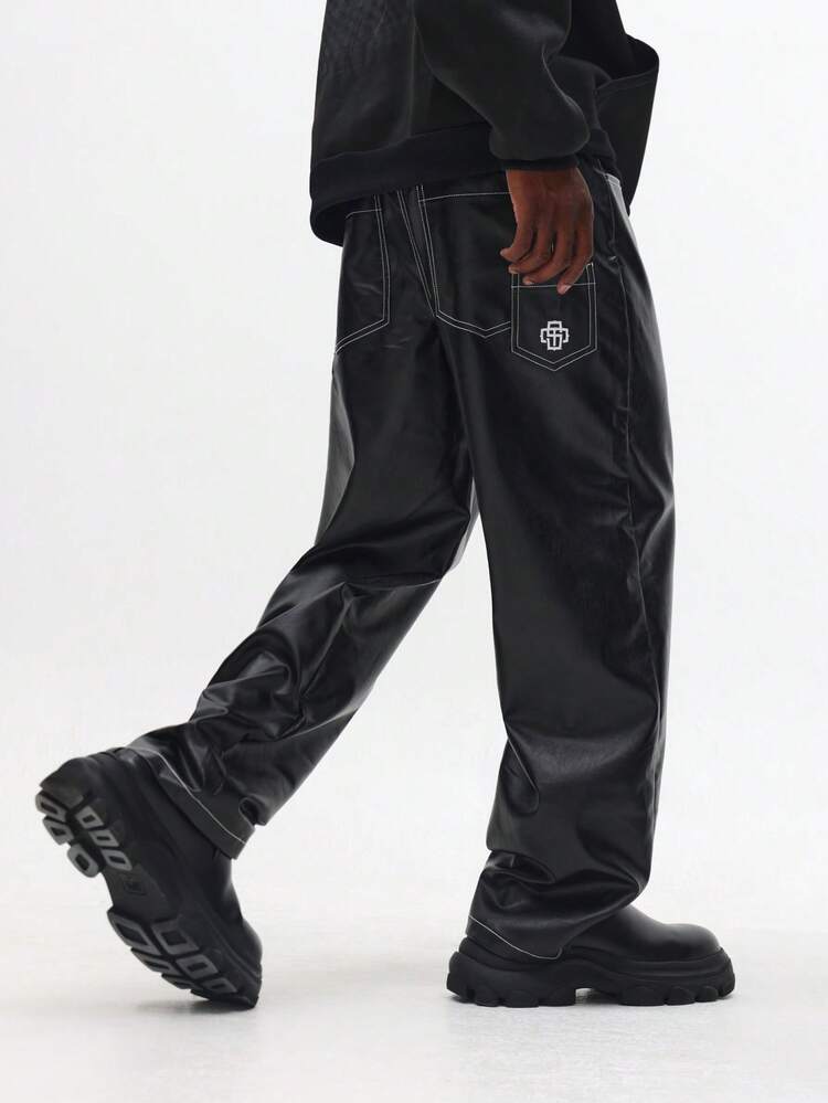 Wide Leg Leather Trousers With Contrast Stitching