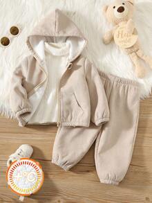 SHEIN 幼儿男童休闲户外灯芯绒衬里宽松连帽夹克和松紧腰裤套装