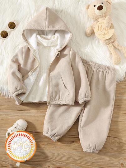 SHEIN 幼儿男童休闲户外灯芯绒衬里宽松连帽夹克和松紧腰裤套装