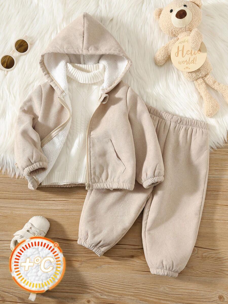 SHEIN 幼儿男童休闲户外灯芯绒衬里宽松连帽夹克和松紧腰裤套装