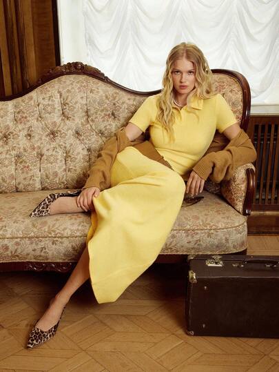 Muvela Women's Light Yellow Knitted Fleece 2-Piece Set: Polo Short Sleeve Top And Low-Waist Long Mermaid Skirt, Vintage Elegant Style, Suitable For Afternoon Tea, Dates, Valentine's Day, Casual Outings, Warm And Comfortable For Autumn