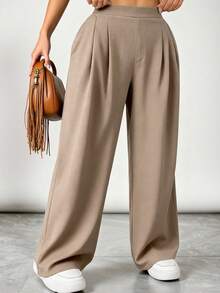 SHEIN VCAY Pantalones anchos de pierna ancha con bolsillo en diagonal, de unicolor, sencillos y casuales para uso diario y viajes, talla grande para mujeres - Marrón Mocha - Ver 3