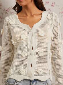Enchnt Fall/Winter Romantic Women's White 3D Flowers Decor Hollow Out Knitted Cardigan,Sweet&Elegant&Fashionable For Vacation&Date&Holiday&Birthday&Party&Graduation&Wedding Guest&Office&Going Out,Back To School,Fall Sweaters For Women,Autumn Clothes - White - View 2