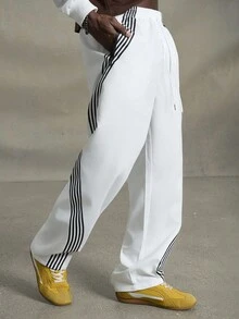 PAVTROS Men's Contrast Stripe Drawstring Pocket Casual Versatile Pants, Going Out Long Straight Leg Pants, For Husband, Boyfriend Gifts, For Back To School - White - View 5
