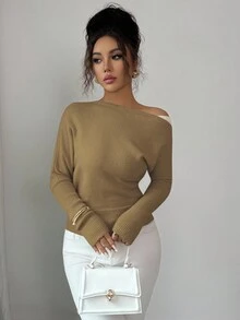 Elenzga Pulover cu guler asimetric și blocuri de culoare pentru femei, stil vintage elegant, potrivit pentru vacanțe și sărbători, primăvară/toamnă - Kaki - Vizualizare 5