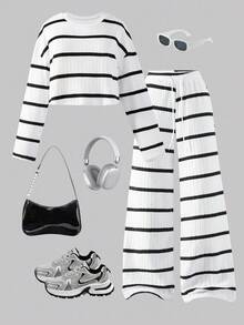 女士休闲宽松落肩圆领T恤搭配毛边罗纹抽绳阔腿裤两件套，适合日常出游 - 白色 - 查看 1